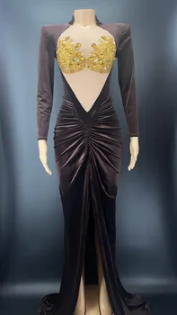 Kahverengi Parlayan Altın Rhinestones Seksi Kuğu Kadife Uzun Bölünmüş Elbise Kadınlar İçin Akşam Ziyafet Balo Giyim Sahne Şarkıcı Kostümleri