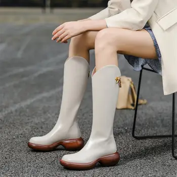 Marka Yeni Tasarım Bölünmüş Deri kadın Orta Buzağı Çizmeler Platformu Tıknaz Topuklu Zarif Bayanlar Ayakkabı Moda Ayakkabı Kadın Çizmeler