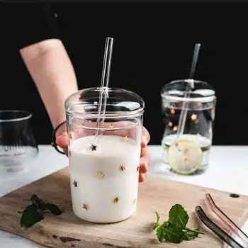 460ML İsıya Dayanıklı Cam Bardak Şeffaf Kahve kapaklı kupa Saman Ev Süt Suyu çiçek çayı Bardak Seyahat Kupa içecek bardağı