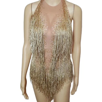 2022 Sparkly Rhinestones Saçaklar Bodysuit Kadın Gece Kulübü Kıyafeti Glisten Kraliçe Kostüm Tek parça Dans Giyim Şarkıcı Sahne Leotard