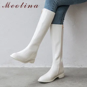 Meotina Kış binici çizmeleri Kadın Doğal Hakiki Deri Zip Düz Diz Yüksek Çizmeler Patent Deri uzun ayakkabı Bayanlar Güz Boyutu 42
