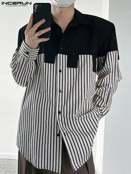 Moda Rahat Tarzı erkek Üstleri INCERUN Gevşek Renk blok Bluz Yakışıklı Erkek Dikey Çizgili Yaka Düğmeleri Gömlek S-5XL 2022