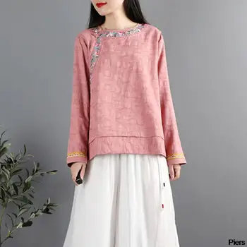 Pamuk Keten Cheongsam Üst Kadın Baskı Retro Çin Tarzı Gömlek Hanfu Zen Çin Geleneksel Tang Takım Elbise Bluzlar Femme Harajuku