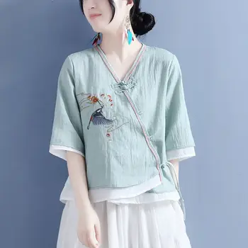 2022 Yaz Pamuk Keten Kuş Çiçek Nakış V Yaka Üst Düğme Orta Kollu Kadın Çin Tarzı Retro Çay Elbise Gömlek