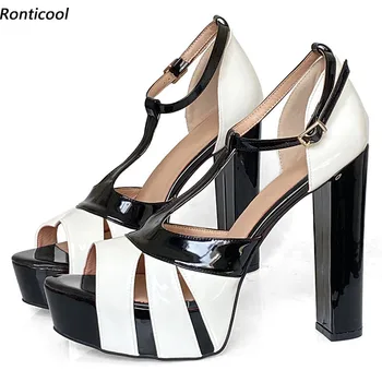 Rontıcool Kadın platform sandaletler Ayak Bileği Kayışı Patent Deri Tıknaz Topuk Yuvarlak Ayak Güzel Çok Renkli parti ayakkabıları ABD Boyutu 5-20