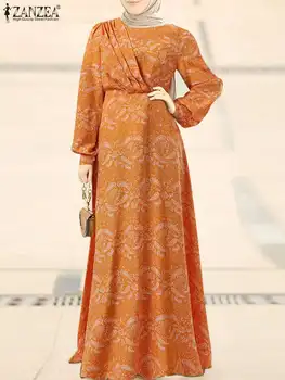 Moda Kadın Baskılı Müslüman Elbise Sonbahar Sundress 2022 ZANZEA Rahat Puf Kollu Abaya Başörtüsü Vestidos Kadın Çiçek Robe Femme