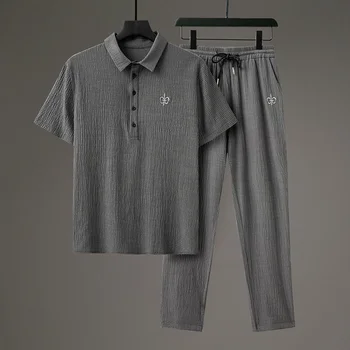 2022 Yeni Erkek Kısa Kollu Gömlek 2 Parça Sweatpants T Gömlek + Pantolon Setleri Sutdent Koca Rahat Bahar Spor Giyim Gri