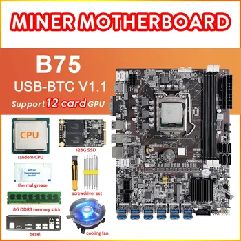 B75 12 Kart Madencilik Anakart + CPU + Fan + Termal Gres + 8G DDR3 RAM + 128G SSD + Tornavida + Çerçeve 12USB3. 0 LGA1155 DDR3 MSATA