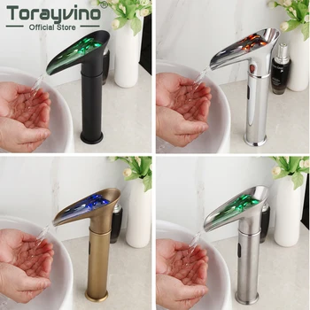 Torayvino LED Şelale Otomatik Sensör El Dokunmatik banyo lavabo musluğu Katı Pirinç Havzası Lavabo Güverte Üstü Musluk musluk bataryası