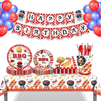 Açık Kamp Barbekü BARBEKÜ Doğum Günü Partisi Tek Kullanımlık Sofra Setleri Kırmızı İlgili Masa Örtüleri Balonlar Piknik Parti Malzemeleri