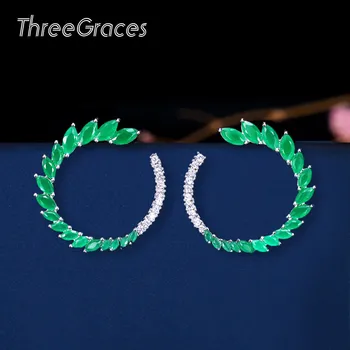 ThreeGraces Amerikan ve Avrupa Kadınlar Düğün Doğal Yeşil Kristal Mix CZ Taş Açık Yuvarlak Büyük Damızlık Küpe Gelin ıçin ER264