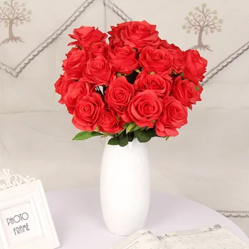 Yapay İpek Gül Çiçek 12 Kafaları Kırmızı Güller Düğün Çiçek Ev Partisi Dekorasyon Buket Sahte Çiçek Ev Dekor