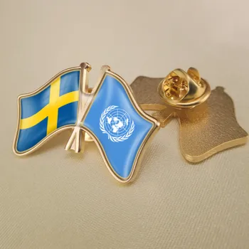Birleşmiş Milletler ve İsveç Çapraz Çift Dostluk Bayrakları Broş Rozetleri Yaka İğneler