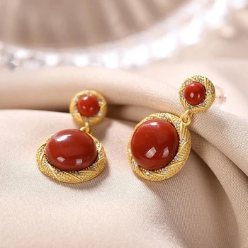 Antik altın işçilik elmas orijinal güney kırmızı turmalin zanaat küpe retro mahkemesi stil charm bayanlar takı