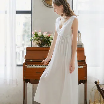 Yaz Kadın Pamuk Nightgowns V Yaka Retro Seksi Dantel Uzun Mahkemesi Prenses Pijama Kolsuz Tatlı Ev Giysileri Uyku Elbise