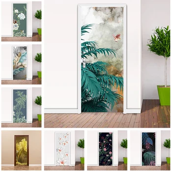 PVC DIY Kendinden yapışkanlı Kapı Çıkartmalar Tropikal Bitkiler Sanat 3D Yapraklar Çiçekler banyo için duvar kağıdı Oturma Odası Kapıları Su Geçirmez