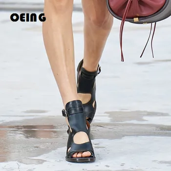 Kadın Deri yarım çizmeler Sandalet Kalın Yüksek Topuklu Açık parmaklı Moda Peep Toe Sandalet Retro Nefes Deri Büyük Boy 43
