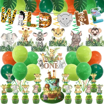 Vahşi Bir Safari Jungle Hayvan Parti Malzemeleri Vahşi Afiş Spiral Charm Balonlar 1st Bir Yıl Mutlu Doğum Günü Partisi Dekoru Çocuklar Çocuk