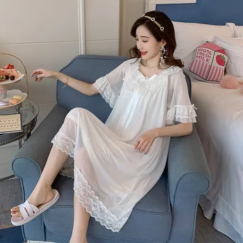 Yeni Dantel Gecelik kadın Yaz Taze Prenses uzun elbise Rahat Kore Kısa Kollu Seksi Gecelik Bayan Pijama Kıyafeti