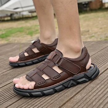 Marka Klasik Erkek Sandalet Yaz Hakiki Deri Sandalet Erkekler Açık Rahat Hafif Sandalet Moda Erkek Spor Ayakkabı Boyutu 38-48