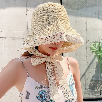 Incelik Bayan Yaz Açık Seyahat Plaj Anti UV Güneş Hasır Şapka Kadın Dantel Ağız Kova Şapka Ebeveyn Çocuk Güneş Koruyucu Hasır Şapka