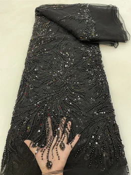 El yapımı Boncuklu Fransız Dantel Kumaş 2022 Siyah Dantel İnci Pullu Nakış Tül Kumaş Kadınlar için Elbise Dikmek düğün elbisesi Dantel