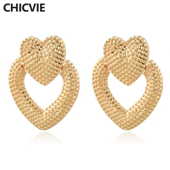 CHICVIE Klasik Altın Çift Kalp Saplama Küpe Kristal Kadınlar Için Charms Küpe düğün takısı Bildirimi Küpe SER190109