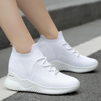 Kadın Rahat spor ayakkabılar Düz Renk Elastik Kumaş yarım çizmeler Yastıklama Sneakers 7.5 cm Platformları Slip-on Eğitim Ayakkabı