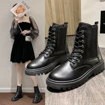Sonbahar ve kış Chelsea çizmeler kadın 2021 kalın tabanlı siyah bağcıklı yarım çizmeler kadın kürk kısa ve kalın punk gotik ayakkabı
