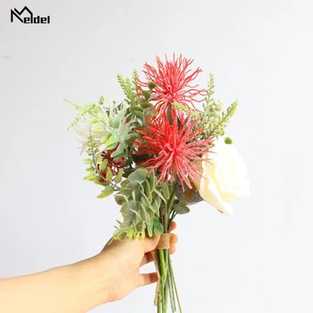Meldel Gül Yapay ipek çiçek Karışık Buket Sahte Kırmızı Deniz Kestanesi Kumaş çiçek dekorasyonu Düğün Ev Aksesuarları için Flore