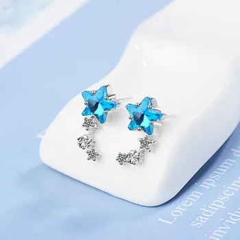 BVE10 925 Ayar Gümüş Moda Parlaklık CZ Zirkon Mavi Yıldız Kadın Damızlık Küpe Promosyon Takı Kadınlar doğum günü hediyesi Ucuz