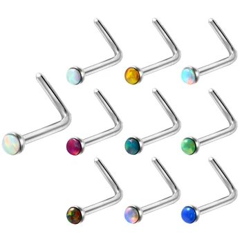 10 Adet/grup Paslanmaz Çelik Opal Taş Burun Çıtçıt Lot Kadınlar İçin L Şekli Burun Piercing Bar Pin Burun Halkaları Vücut Piercing Takı