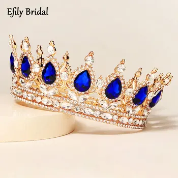 Mavi Kristal Tiaras ve Taçlar Rhinestone Barok Taç Diadem Hairbands Gelin Düğün saç aksesuarları Kadınlar Takı için