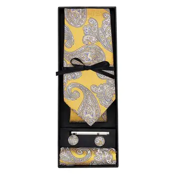 GB-1730 Barry.Wang 2018 Sarı Çiçek Kravat hediye kutu seti Jakarlı Dokuma Ipek Mendil Kol Düğmesi Kravatlar Erkek Iş Parti Damat