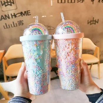Çift Katmanlar Gökkuşağı Plastik Su Şişesi Saman İle Kore tarzı Yaratıcı Tatlı Kupa Süt Kahve çay bardağı