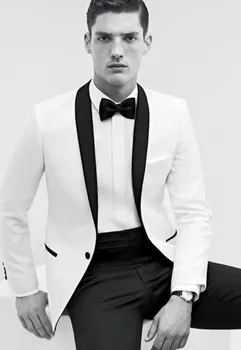 2019 Yeni Zarif Beyaz Erkek Takım Elbise Seti Bir Düğme En Iyi Erkek Blazers Takım Elbise Ceket + Pantolon + Yay Erkekler Düğün Takımları Damat Elbise Smokin