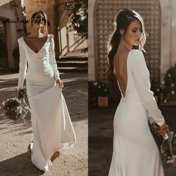 Basit Uzun Kollu Ucuz düğün elbisesi es Derin V Boyun Yumuşak Saten Boho düğün elbisesi 2020 Seksi Backless Gelin Kadınlar Partisi Törenlerinde