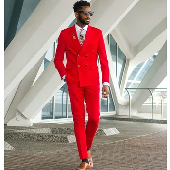 Kruvaze Kırmızı Erkek Takım Elbise Slim Fit Damat Düğün Smokin Doruğa Yaka 2 Adet Erkek Moda Ceket Pantolon ile Son Tarzı