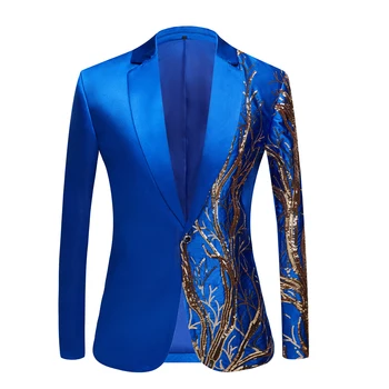 Erkek Mavi Pullu İşlemeli Takım Elbise Üst Yakışıklı Damat Düğün Smokin Slim Fit Resmi İş Erkek Blazer Ceket Ceket