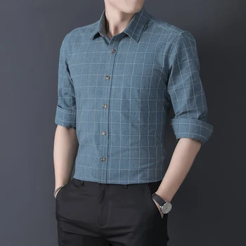 2022 Yeni Erkek Rahat Ekose Düğme Gömlek Yüksek Kalite 100 % pamuklu uzun kollu tişört Erkek Sosyal Gömlek Moda Trendi Düzenli Fit