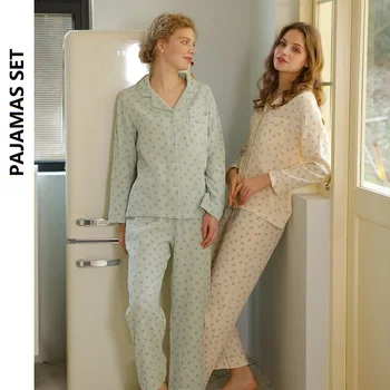 2021 İlkbahar Sonbahar Kadın Pijama Pastoral Tarzı Pamuk Krep Karahindiba Çiçek İki renkli Takım Elbise Toplulukları Femme Pijama Feminino