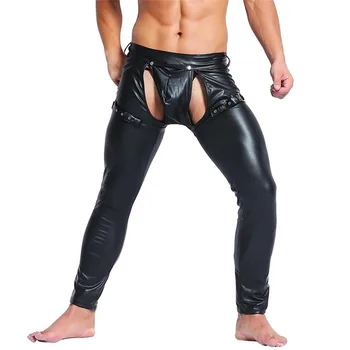 Seksi Erkek Faux Deri Skinny Sıkı Pantolon Clubwear Legging Gece Kulübü Pantolon Erkek PU Deri Siyah Dansçı Açık Ön Uzun pantolon