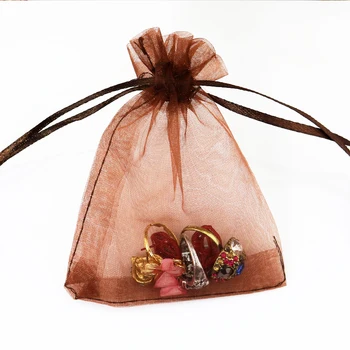 100 adet / grup 7x9cm Kahve organze çanta Küçük Tull Takı hediye çantası İpli çanta Noel Düğün takılar Takı ambalaj Poşetleri