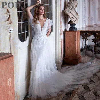 POEO evaze düğün elbisesi V Yaka Kolsuz Aplikler gelinlikler Kat Uzunlukta Mahkemesi Tren Vestido De Novia Custom Made