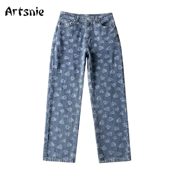 Artsnie Streetwear Kalp Baskı Kot Pantolon Kadın Sonbahar 2021 Yüksek Bel Vintage Nakış Kot Mavi Bayanlar Düz Uzun pantolon