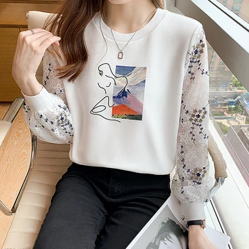Saydam Uzun kollu Dantel Kadın Gömlek 2022 Bahar Yeni Yuvarlak Boyun Dikiş Gevşek Kazak Kadın Yağlıboya Üst Tişörtleri