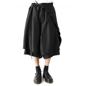 Artı Erkek Boyutu Pantolon Rahat Kırpılmış Pantolon Çift katmanlı Dikiş Deconstructed Gevşek Etek Pantolon Samurai Pantolon Hip Hop
