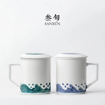 / Üç on günlük brokar sazan kupalar beyaz porselen çay fincanları kapaklı filtre ofis ev çift cam sanatı