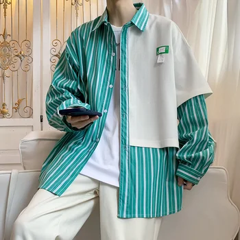 2022 erkek Yeni Hawaii Kargo Gevşek Uzun Kollu Gömlek Fransız Manşet Erkek Moda Trendi Gömlek Yeşil / siyah Renk Camisa Masculina