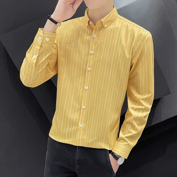 Sonbahar Yeni 2022 Kore Moda İş Casual Düğme Aşağı Üstleri Marka Slim Fit Erkek Bluz Uzun Kollu Çizgili Şık Gömlek W183